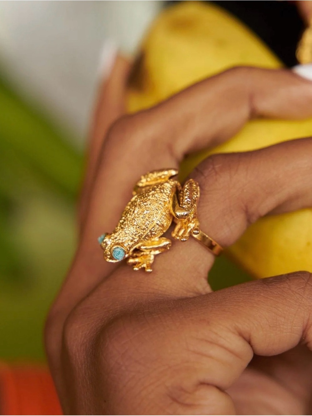 Gold Frog Cocktail Ring with Turquoise Eyes - Women Jewelry